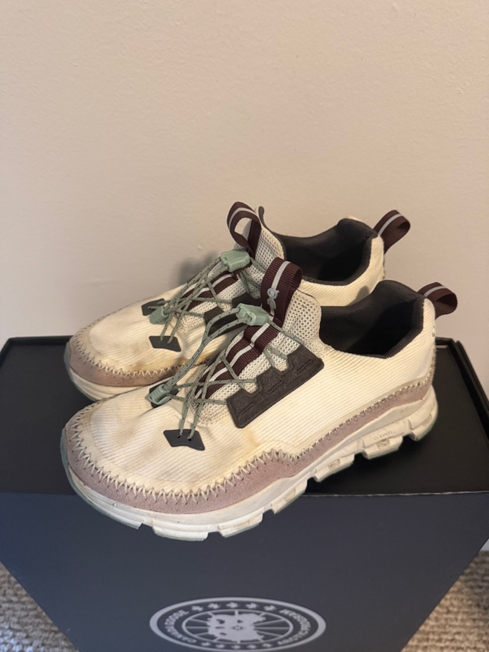 Cream and Taupe Slip-On cloud Sneakers with Olive Accents